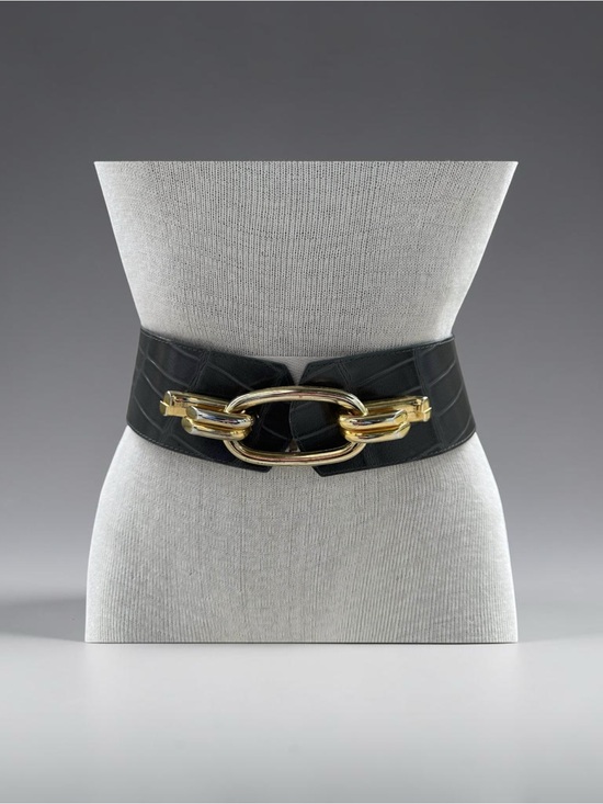 Emmanuel Accessories - 80s Emmanuel Black Wide Croc-Embossed Waist Women's Belt with Gold Chain Link